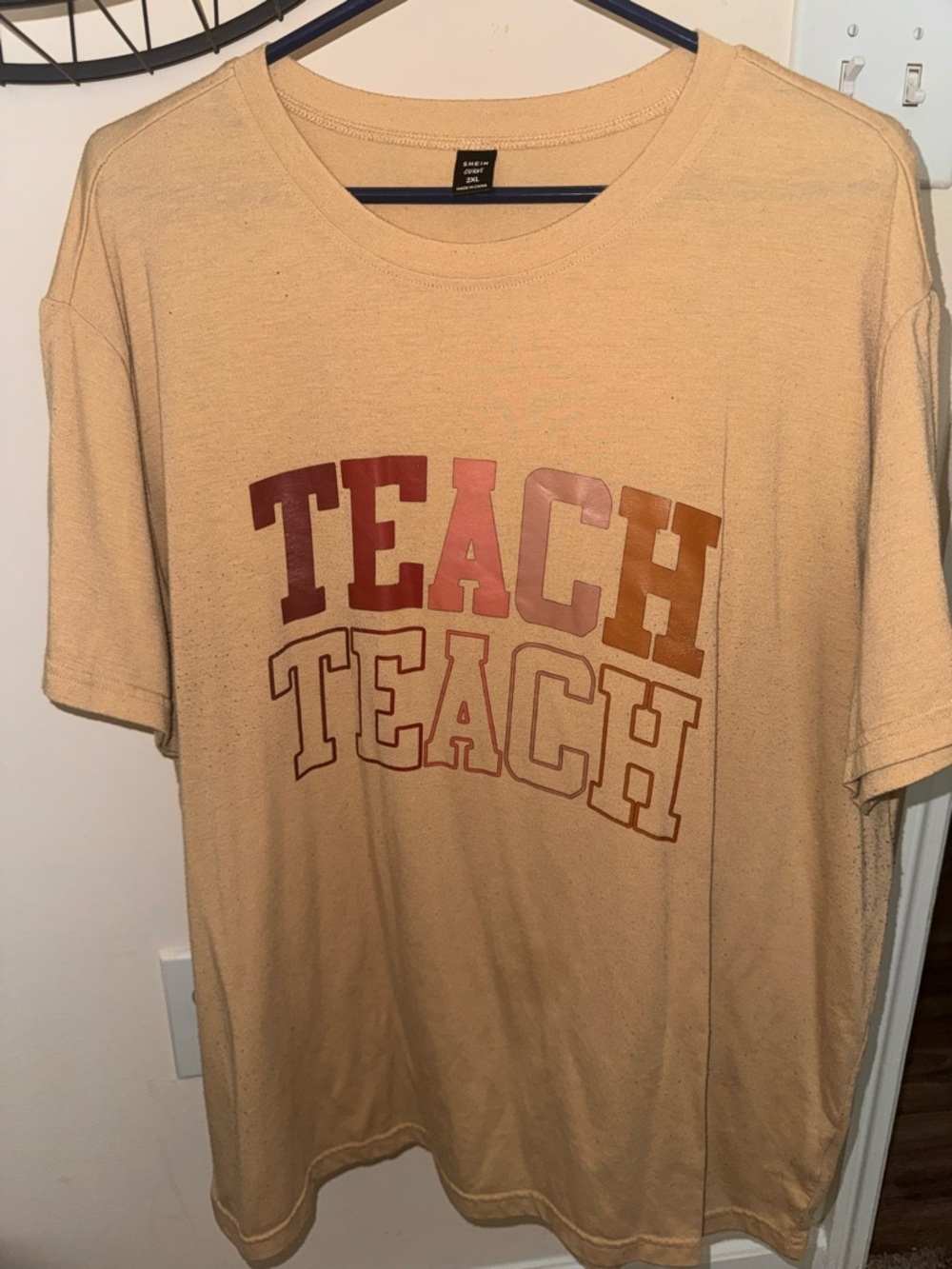 SHEIN Beige Short Sleeve Tee with Multicolor 'TEACH' Graphic